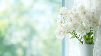 Aufkleber - Warm inviting interior concept. A serene window scene featuring white flowers in a vase with soft natural light.