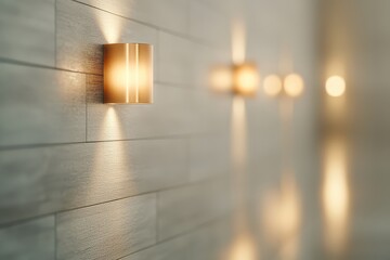 Aufkleber - Warm inviting interior concept. Soft lighting on textured wall creates a serene and modern ambiance.