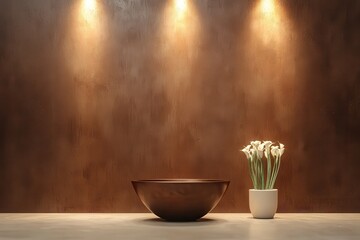 Poster - Warm inviting interior concept. Modern decor featuring a brown wall, a bowl, and a vase with flowers.