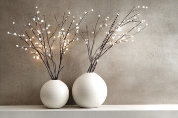 Aufkleber - Warm inviting interior concept. Two modern vases with branches on a simple shelf against a textured wall.