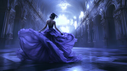Poster - Woman in Flowing Purple Gown in a Grand Dark Hall