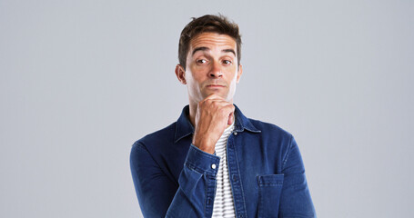 Aufkleber - Thinking, man and doubt for solution in studio for planning, ideas and guess expression of fake news. Mockup space, male person and uncertain of problem solving, question decision and gray background