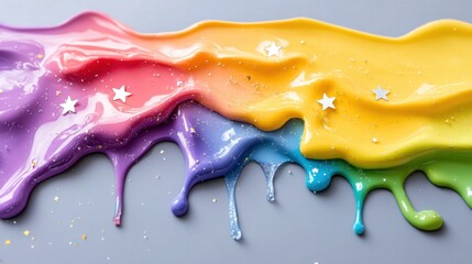Fototapete - Bright abstract art scene with flowing liquid in rainbow tones, decorated with hand-cut stars