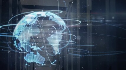 Poster - Materializing holographic globe amid server racks rotating and sending data rings forming mesh