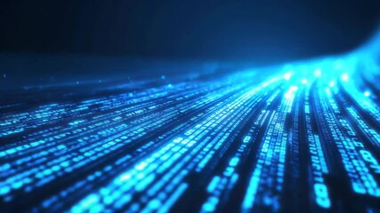 Aufkleber - Futuristic digital data stream, glowing binary code flowing in a dark blue space, high-tech cyber background, neon light reflections, abstract technology concept
