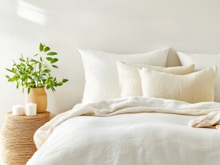 Poster - Warm natural bedroom concept. Cozy bedroom setup with neutral bedding and decorative plant accents.