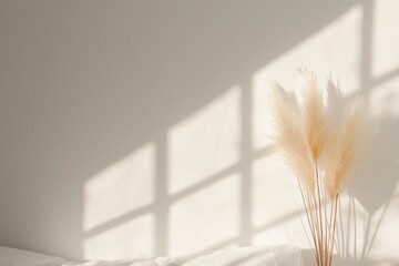 Poster - Warm natural bedroom concept. Soft shadows cast on a light wall with dried grass decor in a serene indoor setting.