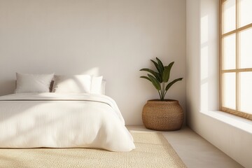 Poster - Warm natural bedroom concept. Cozy bedroom with neutral tones, a large window, and a potted plant.