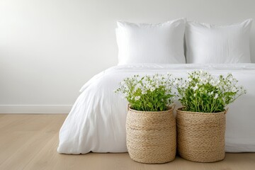 Poster - Warm natural bedroom concept. Modern bedroom featuring a white bedspread and potted plants in woven baskets.