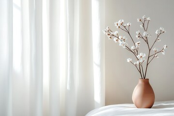 Poster - Warm natural bedroom concept. A serene interior with a vase of flowers beside light curtains.