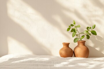 Poster - Warm natural bedroom concept. Two clay vases with a plant against a textured wall, bathed in soft natural light.