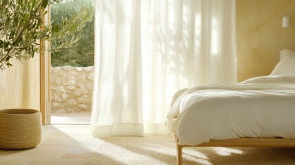 Poster - Warm natural bedroom concept. Bright bedroom with neutral tones and natural light filtering through sheer curtains.