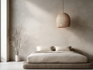 Poster - Warm natural bedroom concept. Minimalist bedroom design featuring a neutral color palette and natural elements.