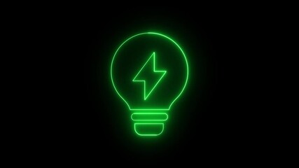 Poster - Light bulb with energy icon, technology concept. Bright neon green lightbulb with electric bolt glowing on a black background ideal for energy concepts and innovation visuals