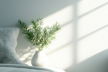 Poster - Warm natural bedroom concept. A serene interior featuring a potted plant, soft light, and textured decor.