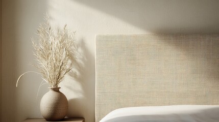 Poster - Warm natural bedroom concept. Cozy bedroom corner featuring a textured headboard and decorative vase with dried flowers.
