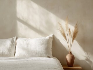 Poster - Warm natural bedroom concept. Serene bedroom scene with soft light and decorative vase on a wooden table.