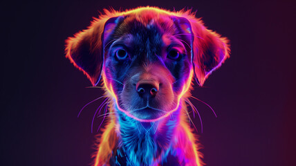 Poster - This glowing hologram of a digital dog floats in dark space, showcasing pet tech.
