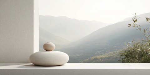 Poster - Warm natural bedroom concept. Serene landscape view framed by a minimalist window with decorative stones.