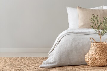 Poster - Warm natural bedroom concept. Cozy bedroom setting with textured blankets and decorative accents.