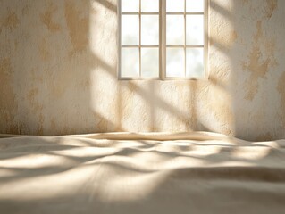 Poster - Warm natural bedroom concept. Sunlight filters through a window, casting soft shadows on a textured surface.