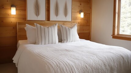 Poster - Warm natural bedroom concept. Cozy bedroom with wooden walls, soft bedding, and decorative art pieces.