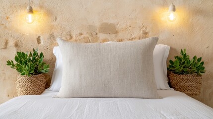 Poster - Warm natural bedroom concept. Cozy bed with decorative pillows and plants against a textured wall.