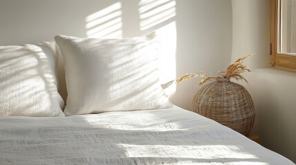 Aufkleber - Warm natural bedroom concept. Cozy bedroom scene with light patterns and a decorative plant by the bed.