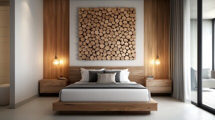 Aufkleber - Warm natural bedroom concept. Modern bedroom featuring wooden accents and artistic wall decor.