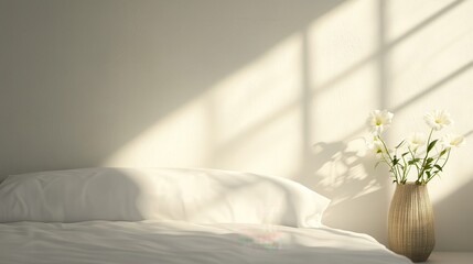 Poster - Warm natural bedroom concept. Serene bedroom scene with sunlight casting shadows and a vase of flowers on a bedside table.