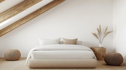 Poster - Warm natural bedroom concept. Modern bedroom with neutral tones, natural elements, and stylish decor for a cozy ambiance.