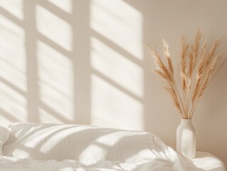 Poster - Warm natural bedroom concept. A serene bedroom scene with soft light casting shadows and a vase of dried flowers.