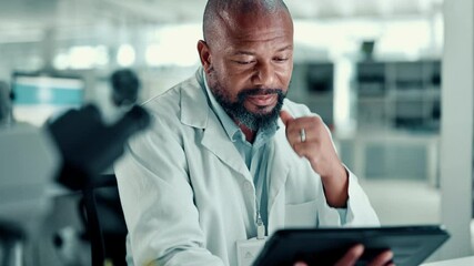 Aufkleber - Thinking, stress and man on tablet in laboratory for medical research, biology experiment and study. Healthcare, science and person with worry on digital tech for results, report mistake and error