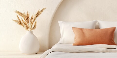 Poster - Warm natural bedroom concept. Cozy bedroom with decorative pillows and a vase of dried flowers against a textured wall.