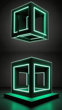 Floating and grounded neon cubes abstract 3d render