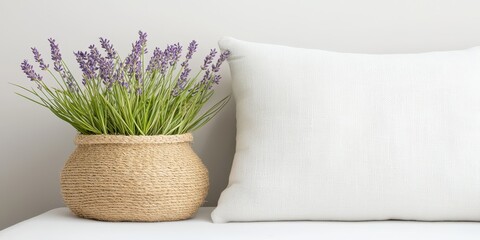 Poster - Warm natural bedroom concept. Lavender in a woven basket with a textured pillow against a neutral wall background.