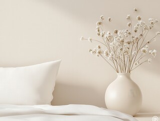 Poster - Warm natural bedroom concept. Cozy interior scene featuring a vase of dried flowers and a textured pillow on a soft blanket.