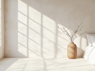 Poster - Warm natural bedroom concept. Bright, minimalist room with a vase and soft shadows from sunlight streaming through a window.