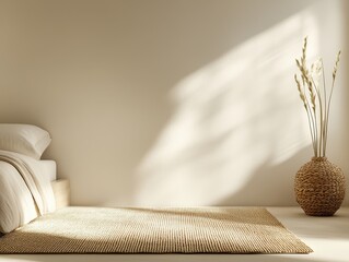 Poster - Warm natural bedroom concept. Cozy bedroom corner with a rug, pillows, and a decorative vase casting soft light.