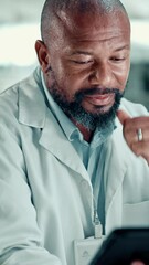 Poster - Medical, stress and tablet with doctor black man in hospital for problem solving or research. App, frustration and insurance with mature medicine professional in clinic for medicare or telehealth