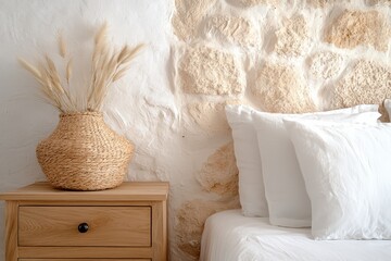 Aufkleber - Warm natural bedroom concept. Cozy bedroom corner featuring a vase of dried plants and soft pillows against a textured wall.
