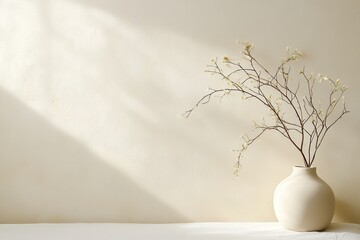 Aufkleber - Warm natural bedroom concept. Minimalist vase with branches casting soft shadows on a textured wall.