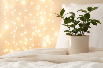 Poster - Warm natural bedroom concept. A cozy bedroom scene featuring a potted plant and soft, illuminated backdrop.