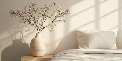 Aufkleber - Warm natural bedroom concept. A serene bedroom scene featuring a vase with branches and soft bedding illuminated by natural light.