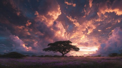 Poster - Vibrant sunset colors fill the sky with dramatic clouds as a solitary tree stands in a field of flowers, capturing the beauty of twilight in nature's landscape