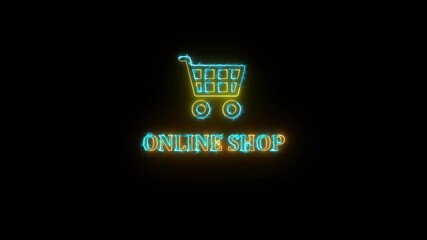 Poster - Animated neon online shop cart icon and text on a black background for digital e commerce and online shopping themes
