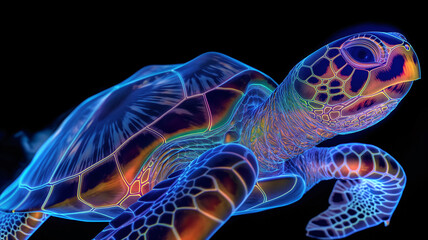 Poster - This glowing turtle hologram floats in space, showcasing vibrant colors and intricate design.