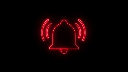 Poster - Glowing bell icon. Animated red neon bell icon alert sound on black background signifying notifications reminders and important announcements in stylish modern design