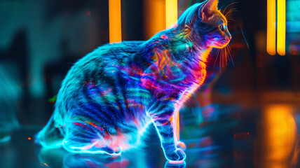 Poster - This glowing, floating hologram of a cat radiates colorful light in a sleek, digital atmosphere.