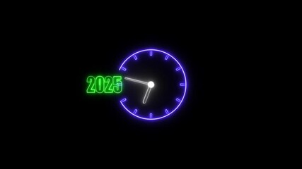Poster - Futuristic neon clock with 2025 year countdown on black background conceptual time lapse for new year celebrations and business planning